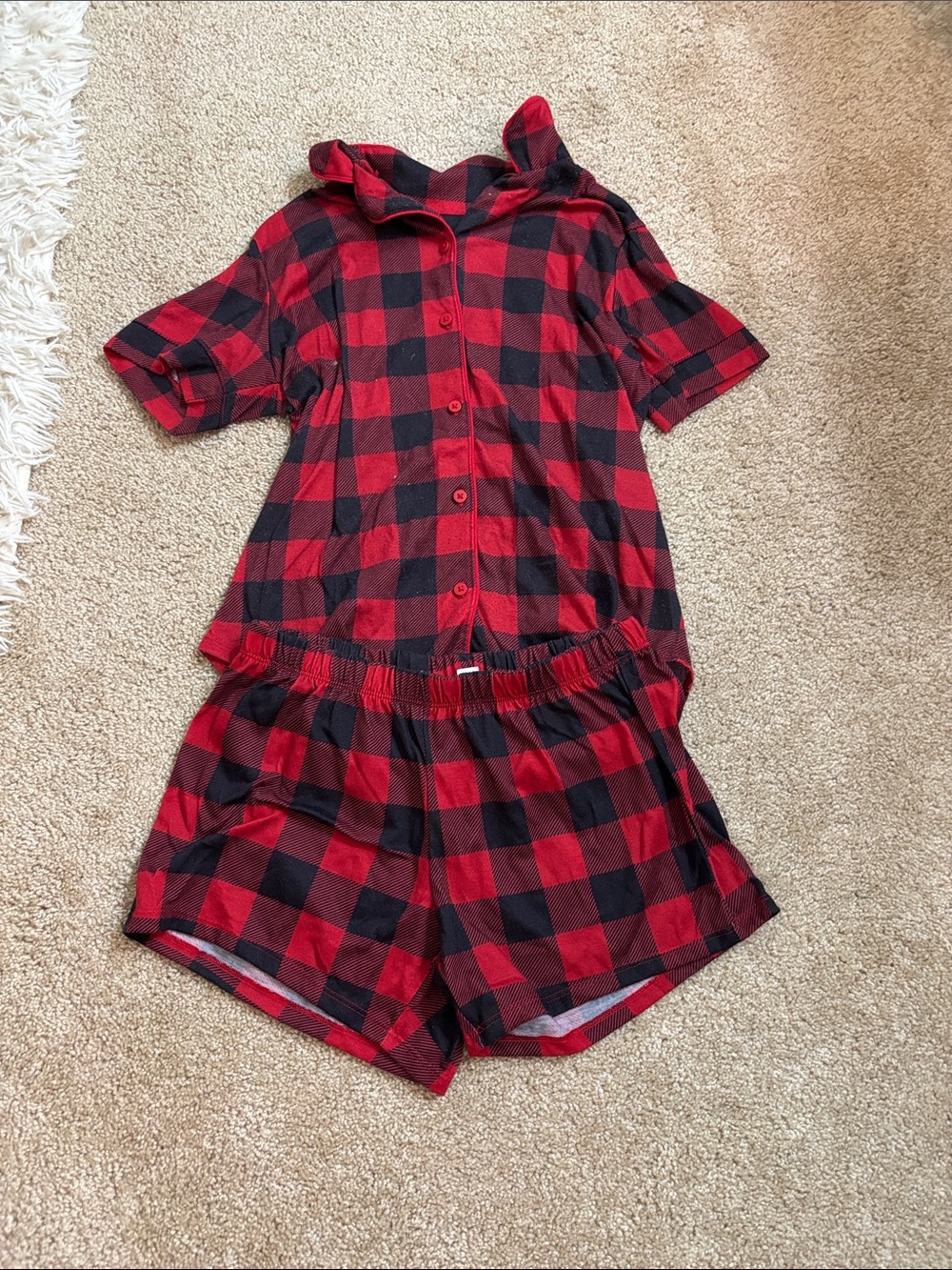 Red & Black Plaid Short Sleeve Button Pajama Set